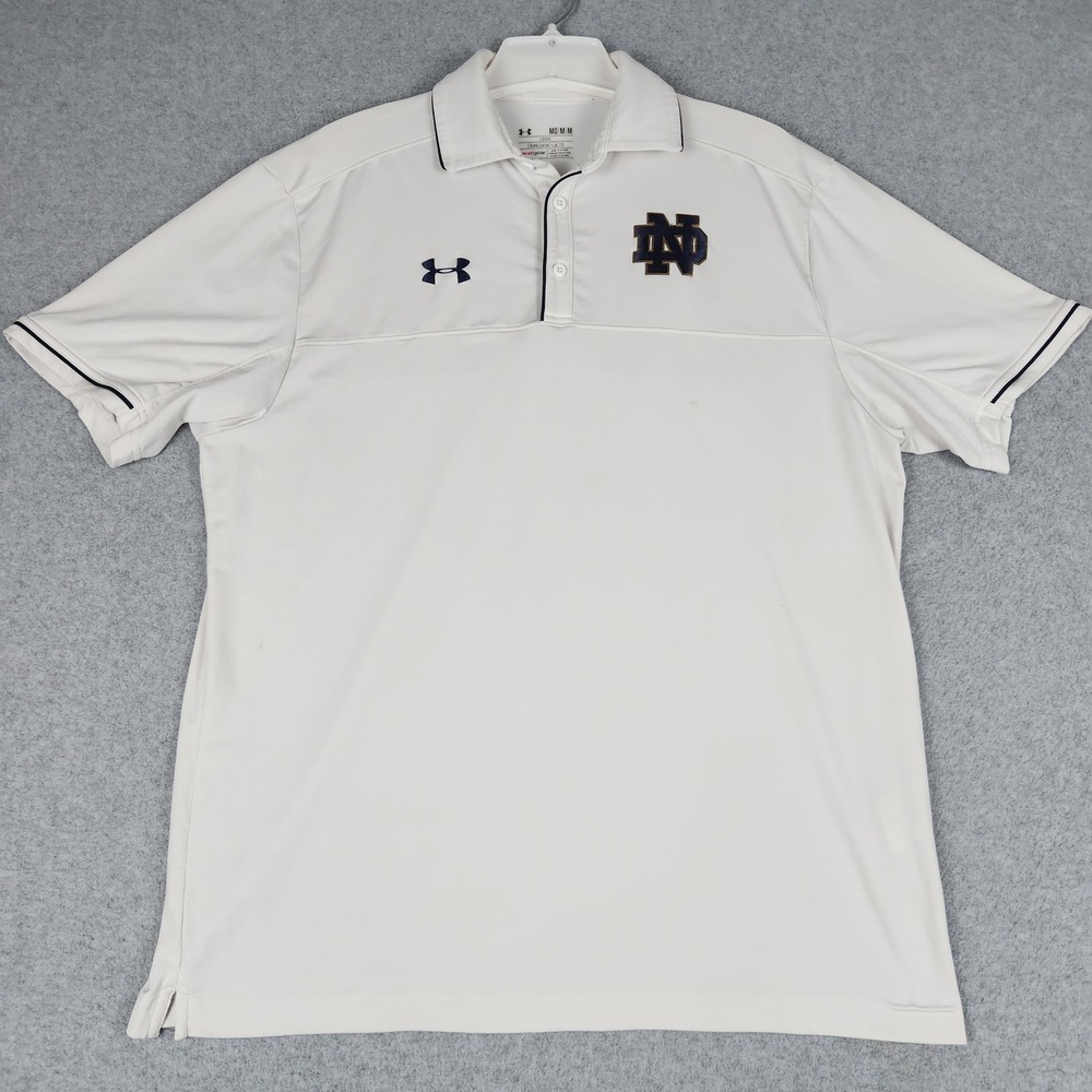 Notre Dame Fighting Irish Polo Shirt Mens M White Under Armour NCAA HeatGear